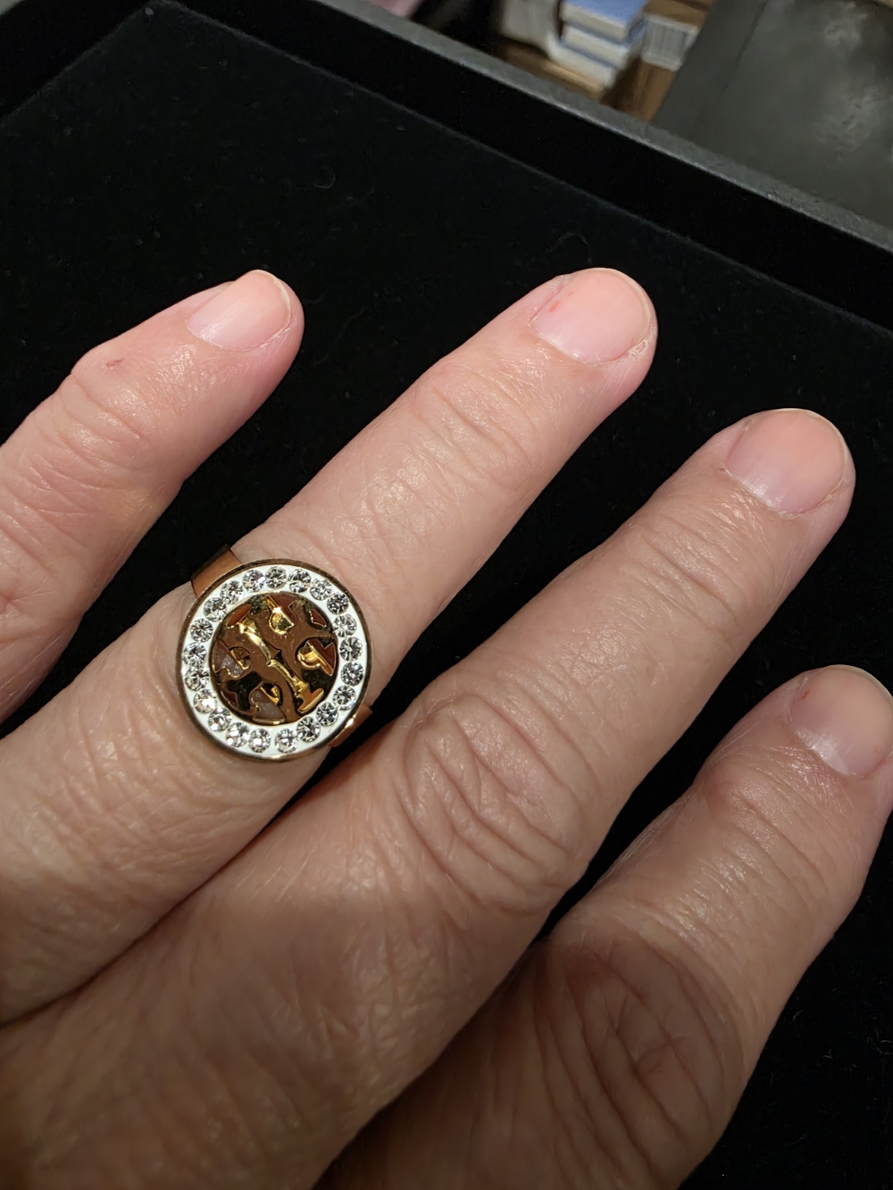 Gold-Tone Logo Disc Ring with Clear Crystal Halo Accent